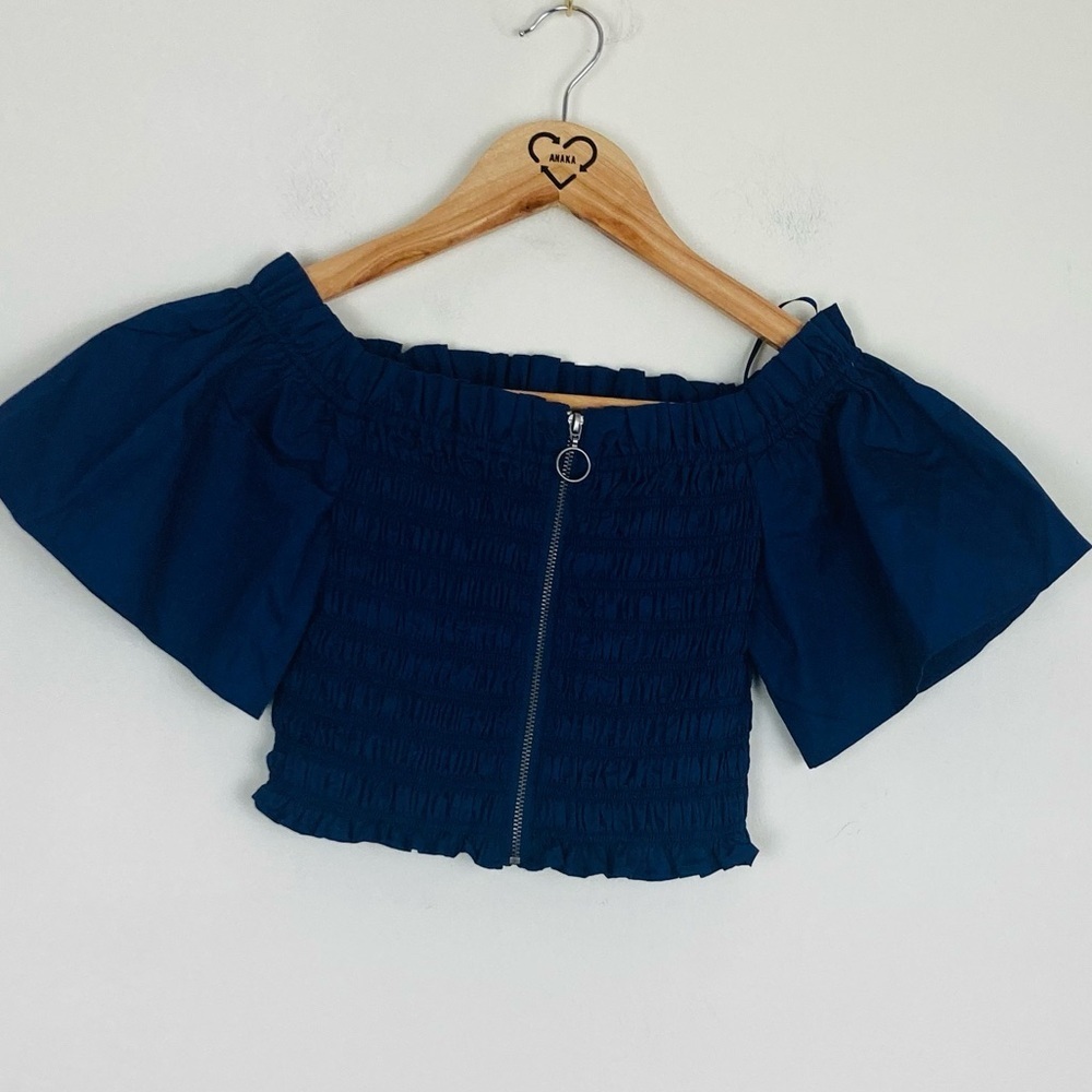 Parker new with tags navy blue ruched crop top with puff sleeves and zipper. XS - Picture 4 of 7